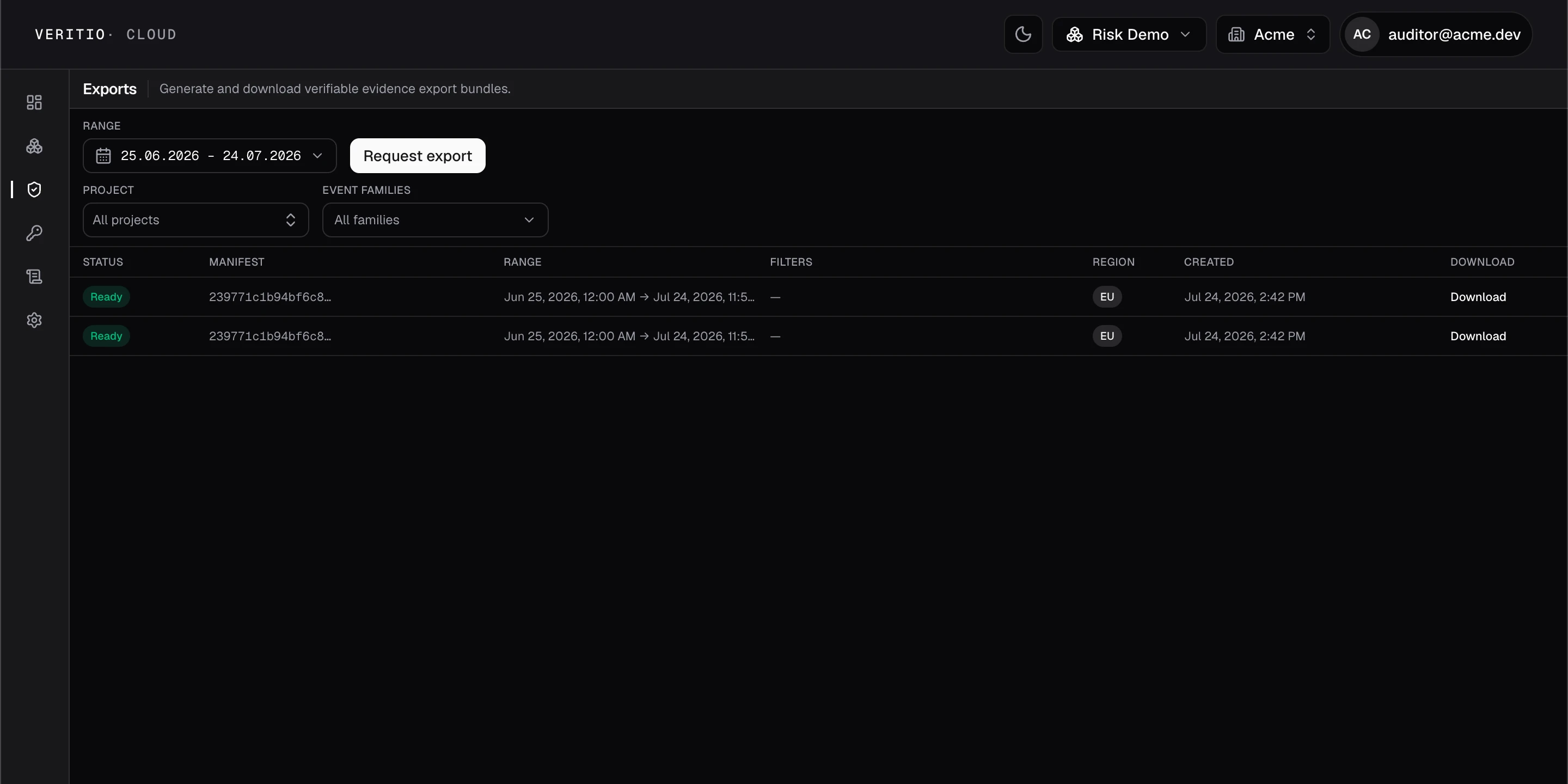 Veritio Cloud exports: two ready export bundles with manifest hashes, date ranges, EU region badges, and download actions.