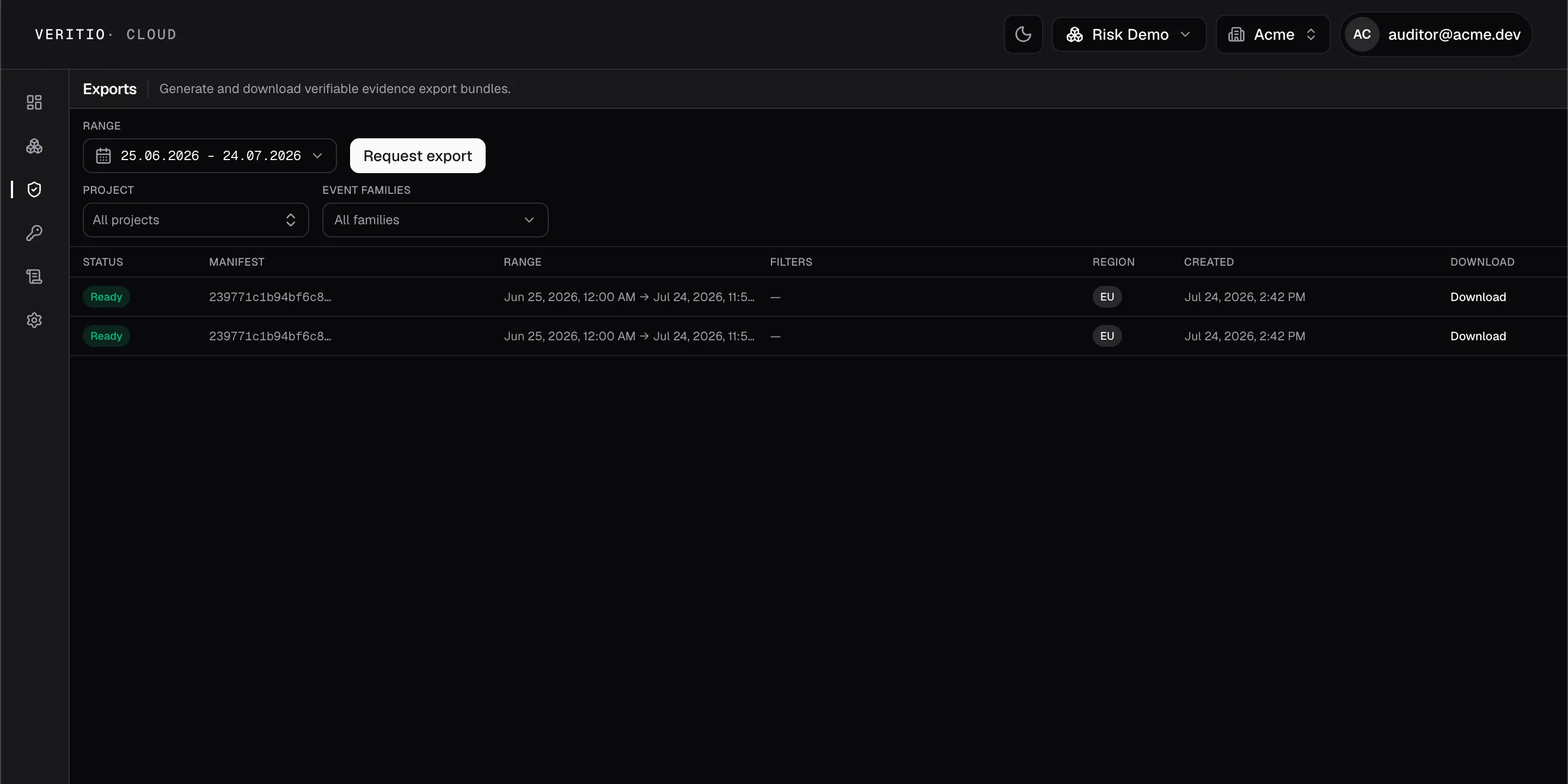 Veritio Cloud reference export request view using demonstration data.